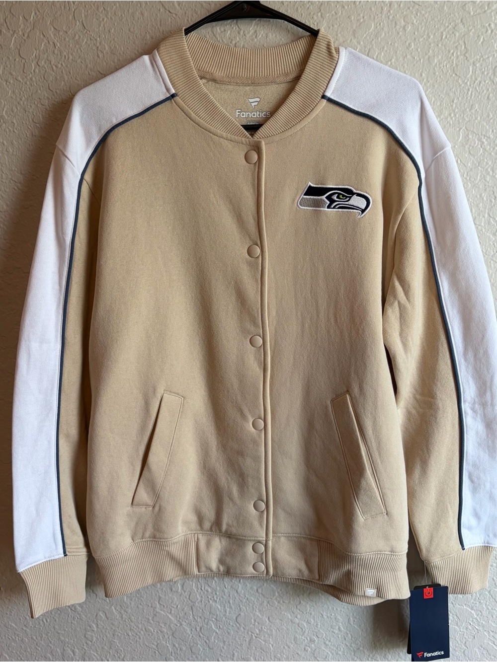 Seattle Seahawks Fanatics Tan Full Snap Varsity Jacket - Women’s Small NFL NWT